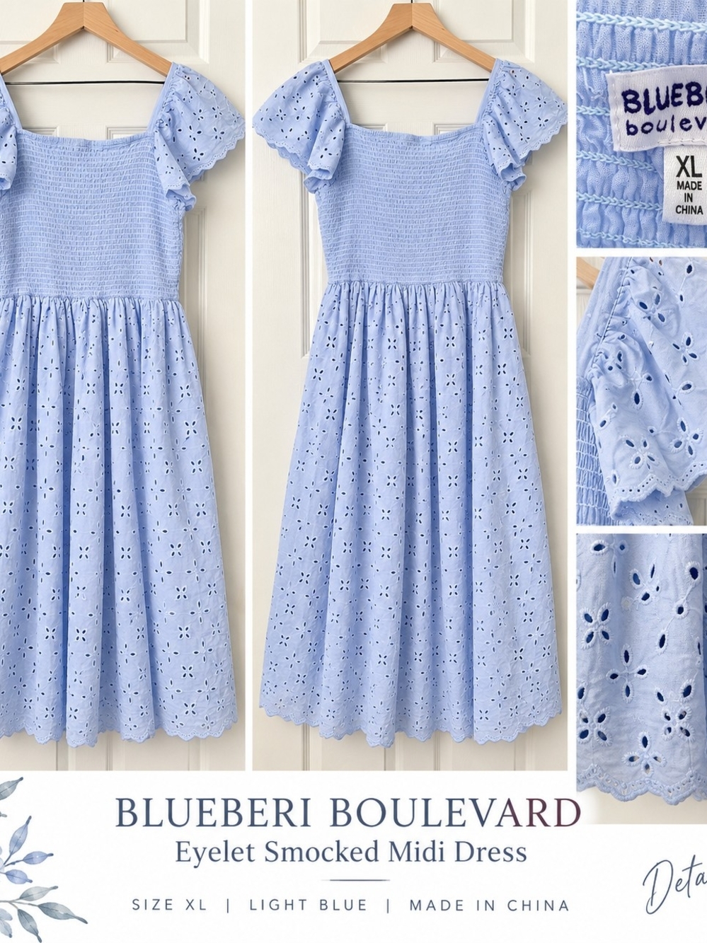 Blueberi Boulevard Light Blue Eyelet Smocked Midi Dress with Flutter Sleeves